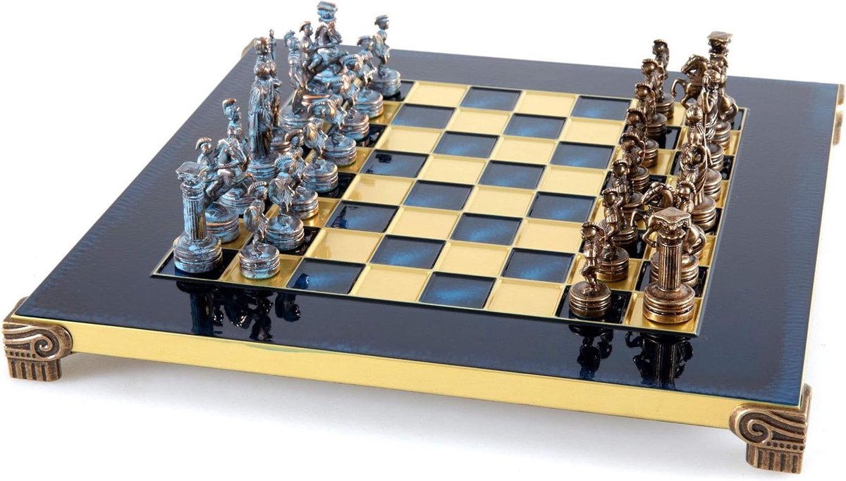Schaken Set - Strategisch Spel - Familie Spelletjes - Handgemaakt in Griekenland - 28x28cm Bord - Blauw Koper