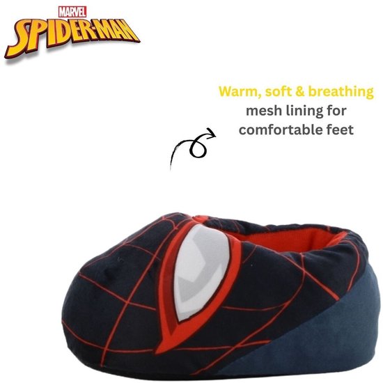 Donkerblauwe Spiderman pantoffel met rode voering, witte en rode ogen. Tekst: Warm, soft & breathing mesh lining for comfortable feet.