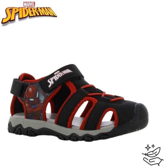 Zwarte Spiderman sandaal met rode banden en Spiderman-print op de zijkant. Klittenbandsluiting.