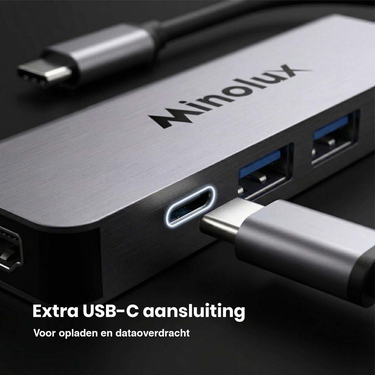 USB-C 5-in-1 Hub met 4K HDMI, 100W opladen, 2x USB 3.0 en USB-C poort – Minolux Pro Docking station - Afbeelding 4