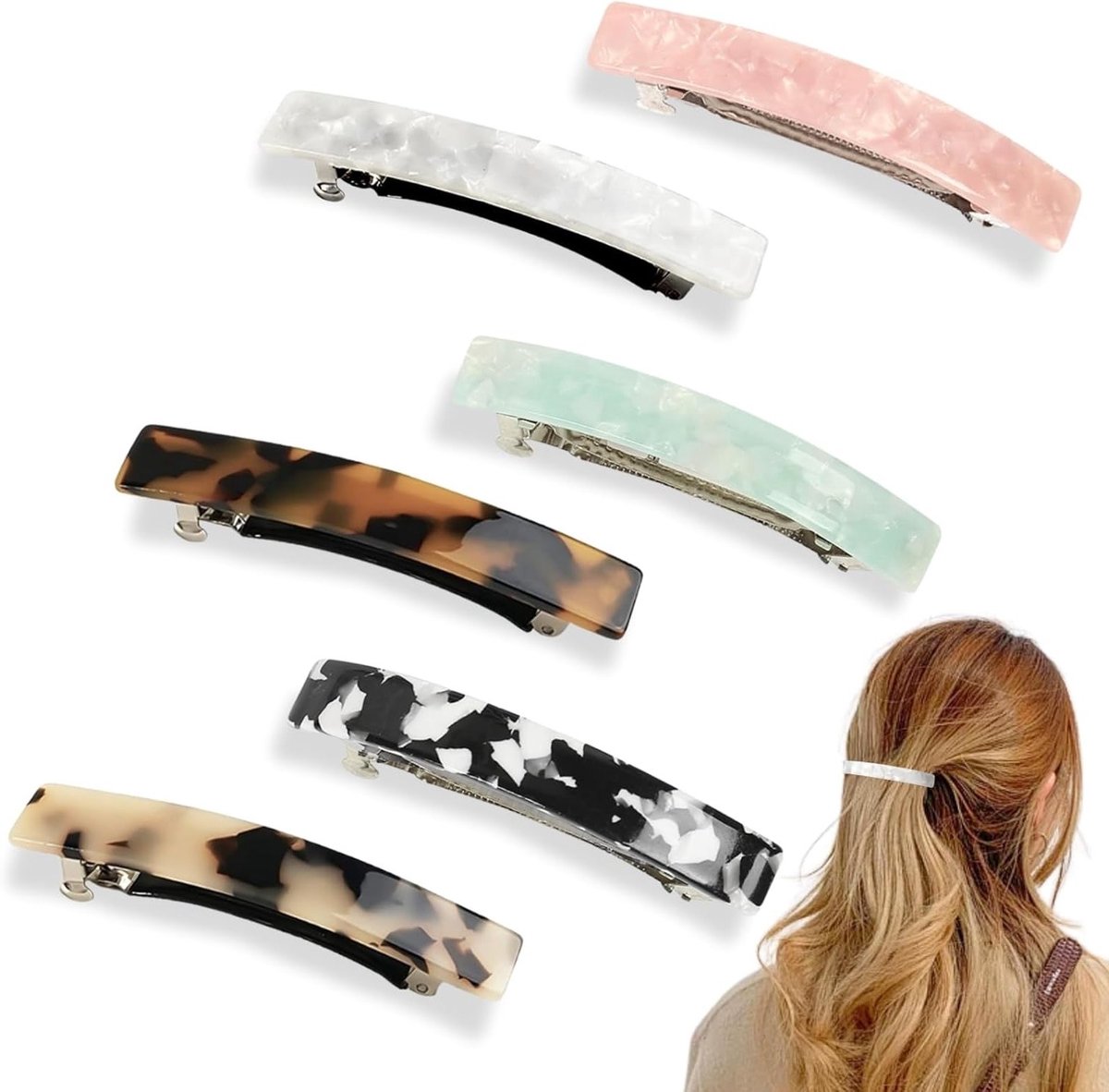 6-delige Franse Haarklemmen van Acetaat - Kleurige Haaraccessoires voor Meisjes, Perfect voor Diverse Haarstijlen en Gelegenheden