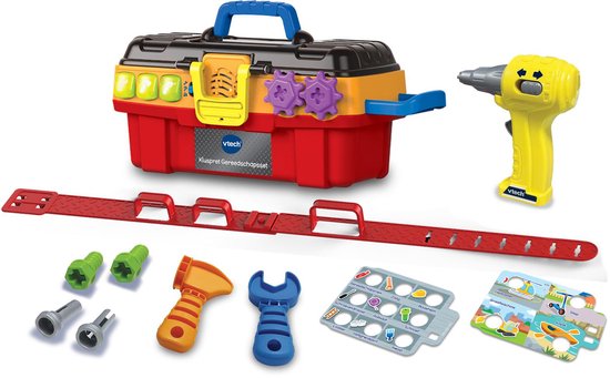 Speelgoed gereedschapskist met boormachine, tang, moersleutel, schroeven en tandwielen.