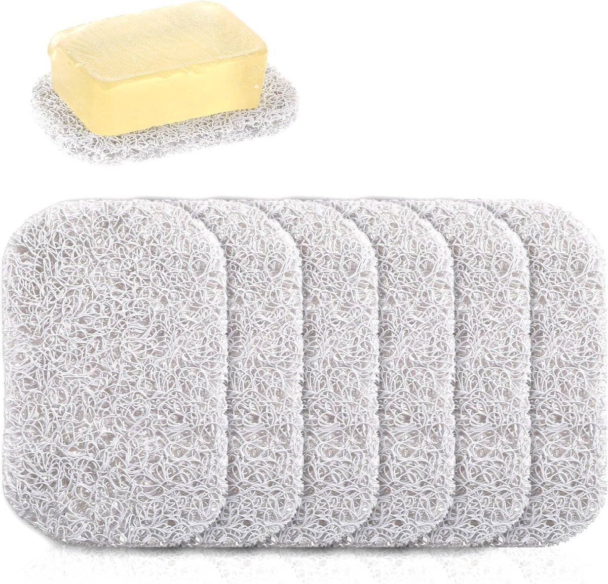 Set van 6 Natuurlijke Loofah Zeepbakjes en Zeepzakjes voor Douche en Badkameraccessoires, PVC en Organisch Materiaal