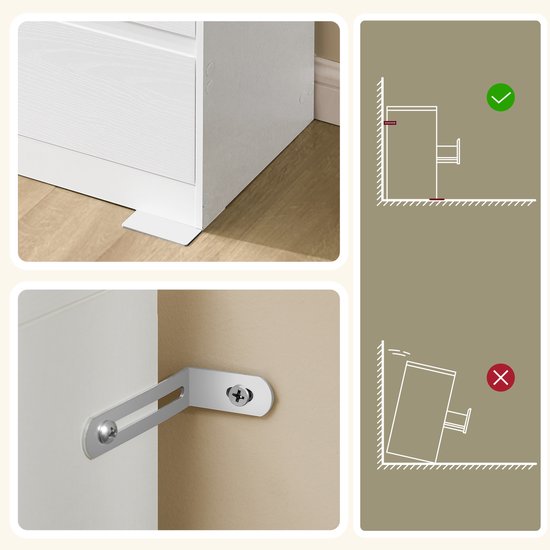 Illustration du kit anti-basculement pour commode : montage correct et incorrect.