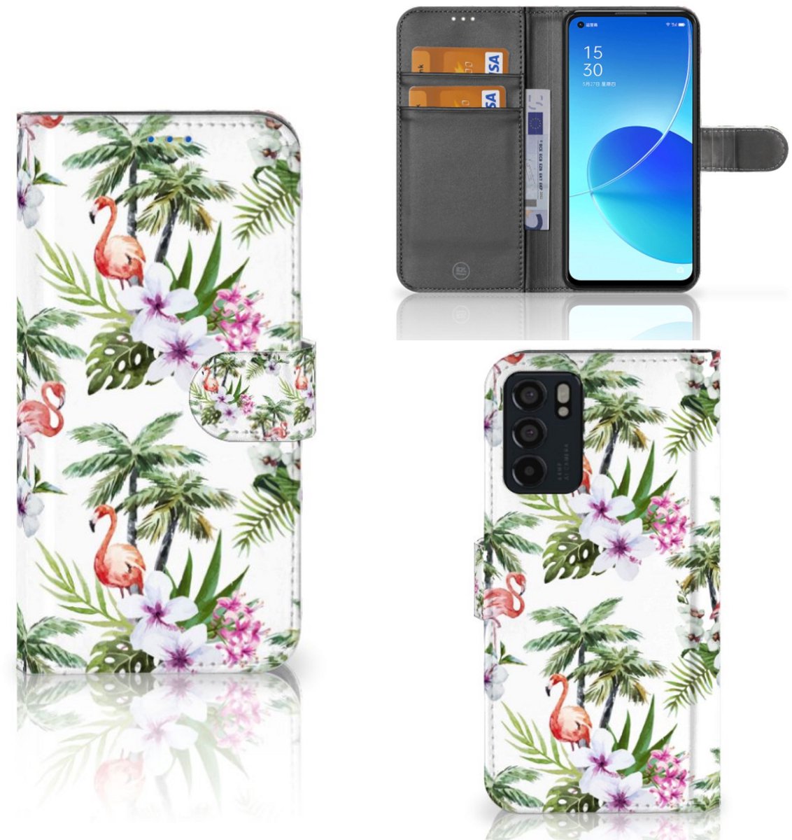 OPPO Reno6 5G Telefoonhoesje met Pasjes Flamingo Palms