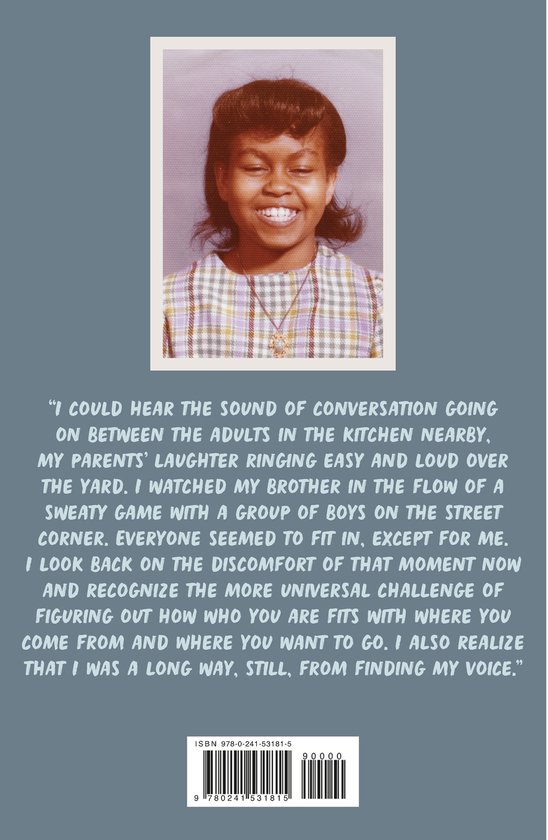 Boekomslag 'Becoming Adapted for Younger Readers' met een kinderfoto van Michelle Obama en een citaat.
