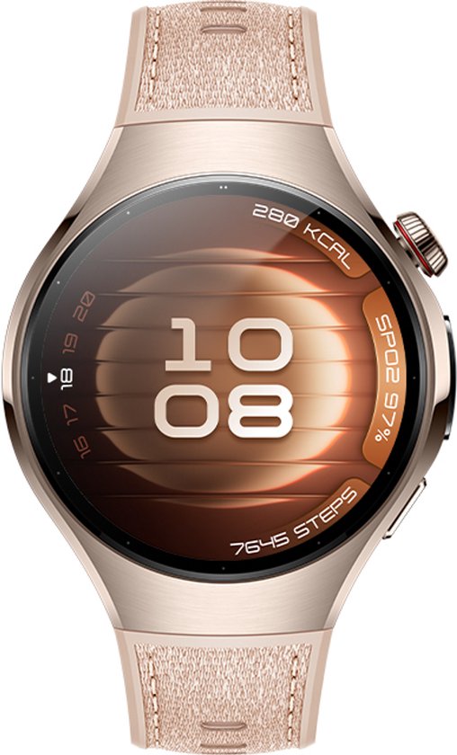 Gouden smartwatch met beige band en een rond scherm dat 10:08, 280 Kcal en 7645 stappen weergeeft.