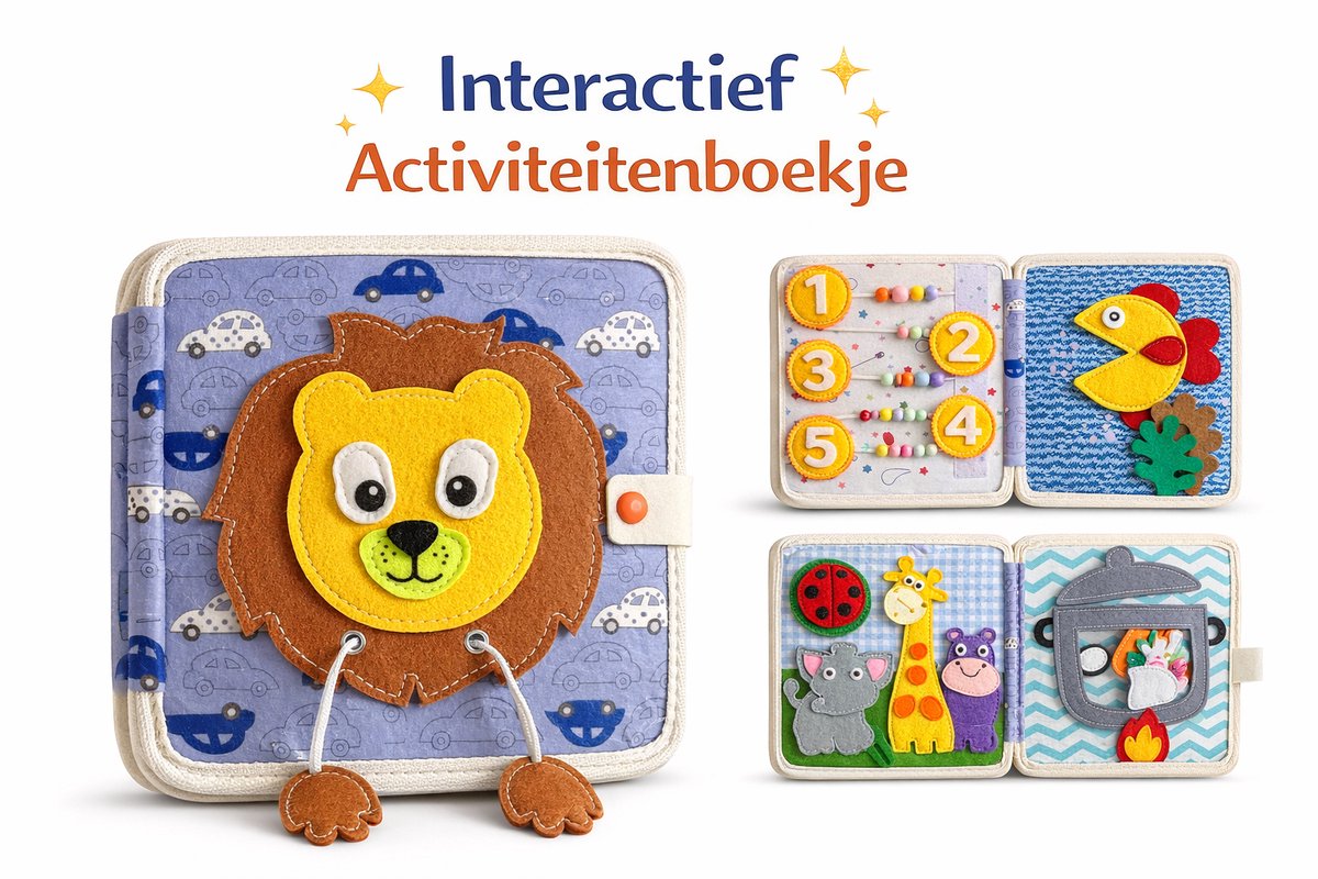 Montessori Vilt Busy Book – Interactief Voelboekje baby - flapjesboek - Vanaf 1 jaar - Leeuwtje – Educatief Activiteitenboekje – Motoriek & Ontwikkeling – 20x20 cm – CE Gecertificeerd