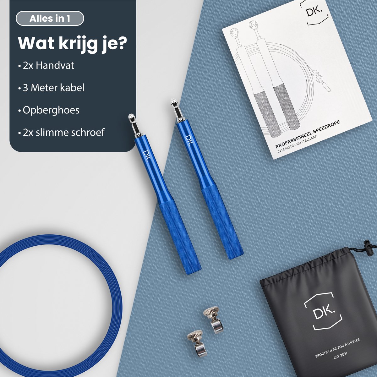 DK.® Professioneel Sport Springtouw - Speedrope - Jump Rope - voor Volwassenen en Kinderen - Crosstraining HIIT en Krachttraining - Blauw — afbeelding 5