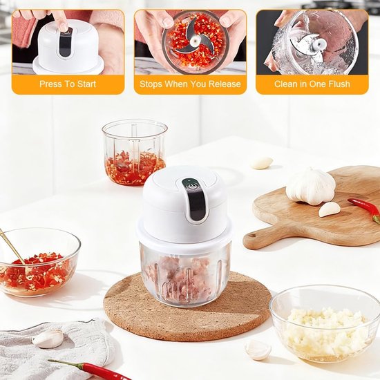 Mini Keuken Chopper - Elektrische Hakker - Snel Ingrediënten Snijden - Draadloos USB Opladen - 350 ml Capaciteit - Wit — afbeelding 5