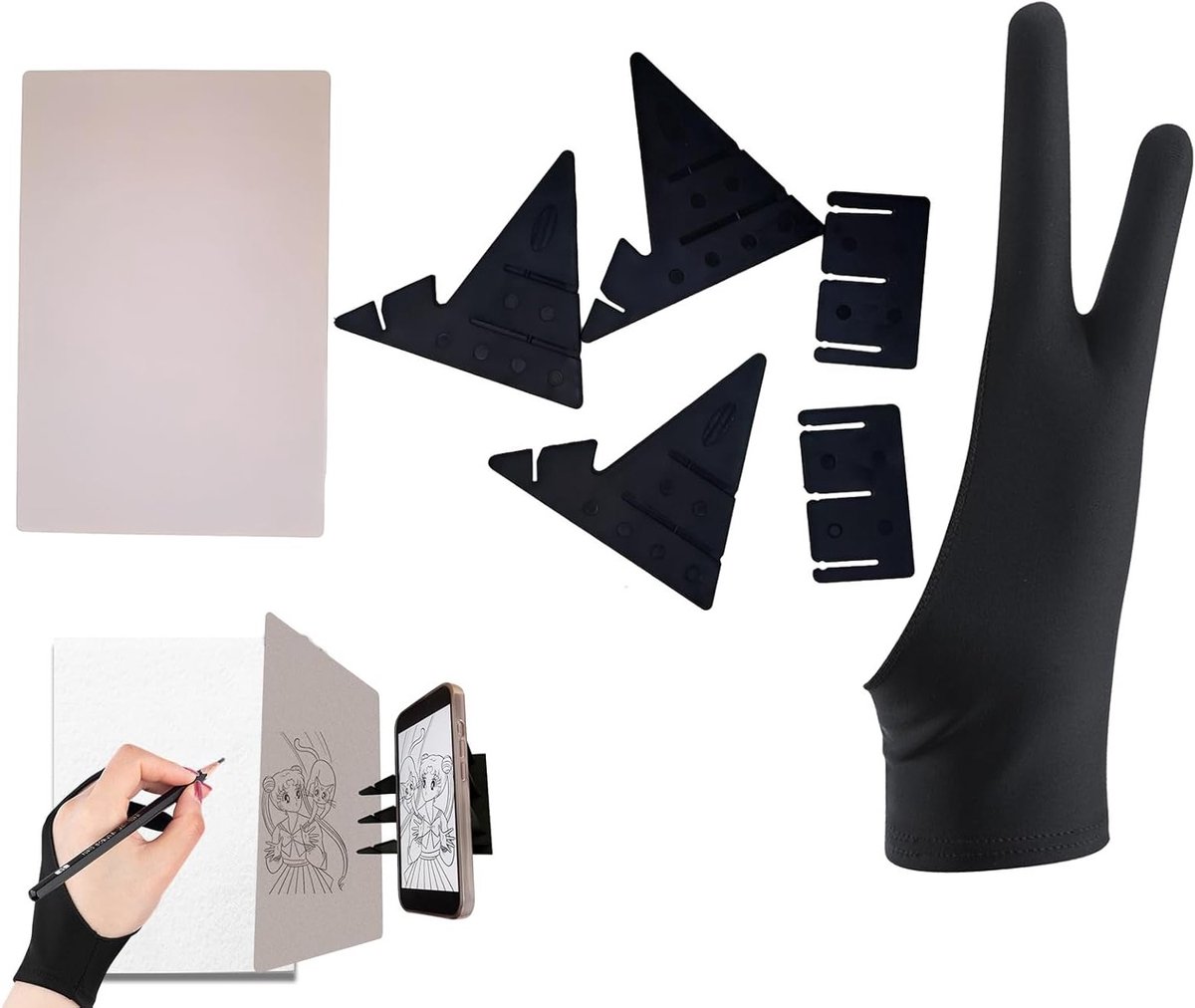 Tekentablet Set voor Beginners – Reflecterende Lichttekening met Groot Acryl Paneel, Handschoen en Stand – Geschikt voor Mobiele Apparaten en Tablets – Transparant en Duurzaam