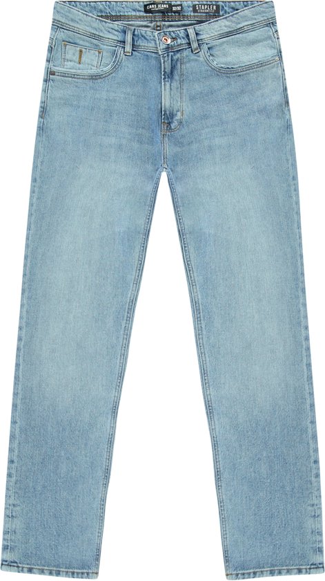 Rechte blauwe denim herenjeans met vijf zakken en een knoopsluiting.