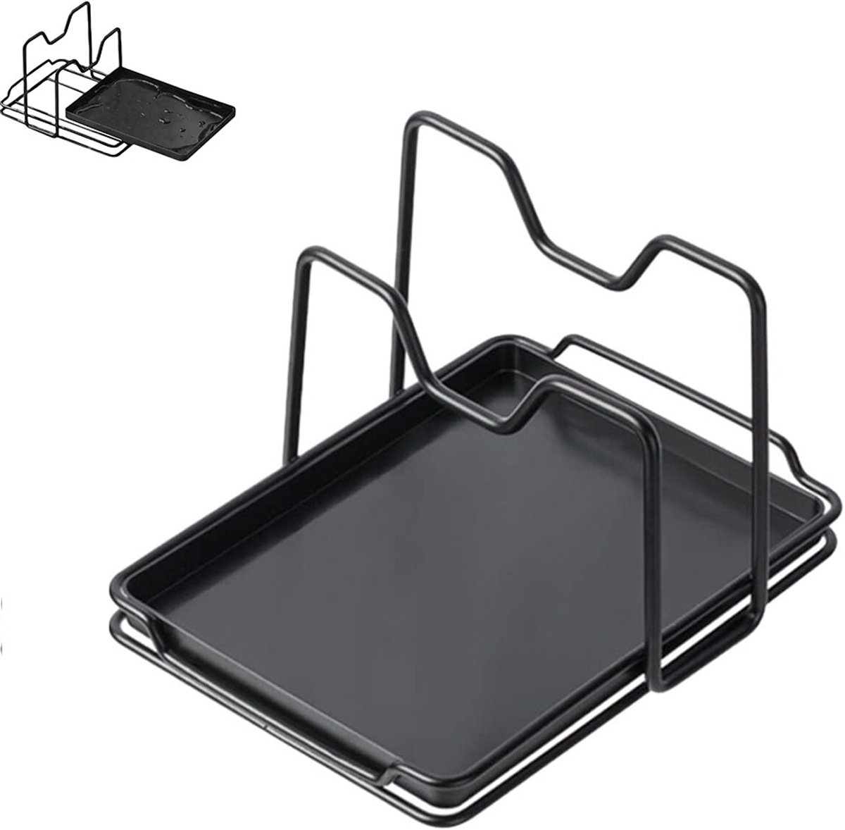 Pannendophouder - Keuken opbergrek - Snijplank houder - Keuken accessoire - Met wateropvangbak, dubbele steunposities, ruimtebesparend compact ontwerp - IJzer en PS kunststof - 19×15,8×13 cm - Geschikt voor keuken aanrecht en thuiskoken - Zwart