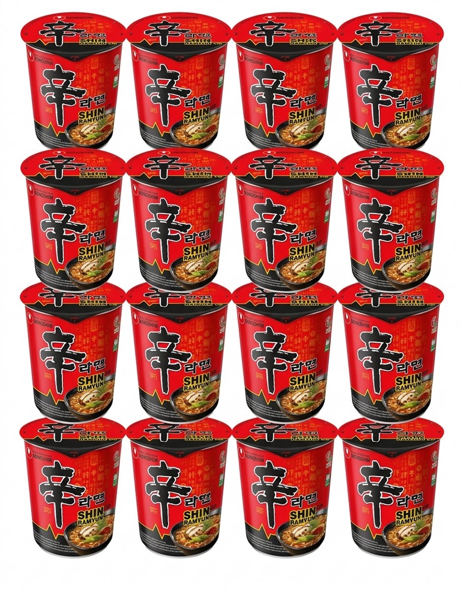 PREMIUM VOORDEELVERPAKKING: 12x Nongshim Shin Ramyun Cup – Authentieke Pittige Koreaanse Voordeelverpakking Topkwaliteit Noedels – Instant Soep – Inclusief Kajal Sticker
