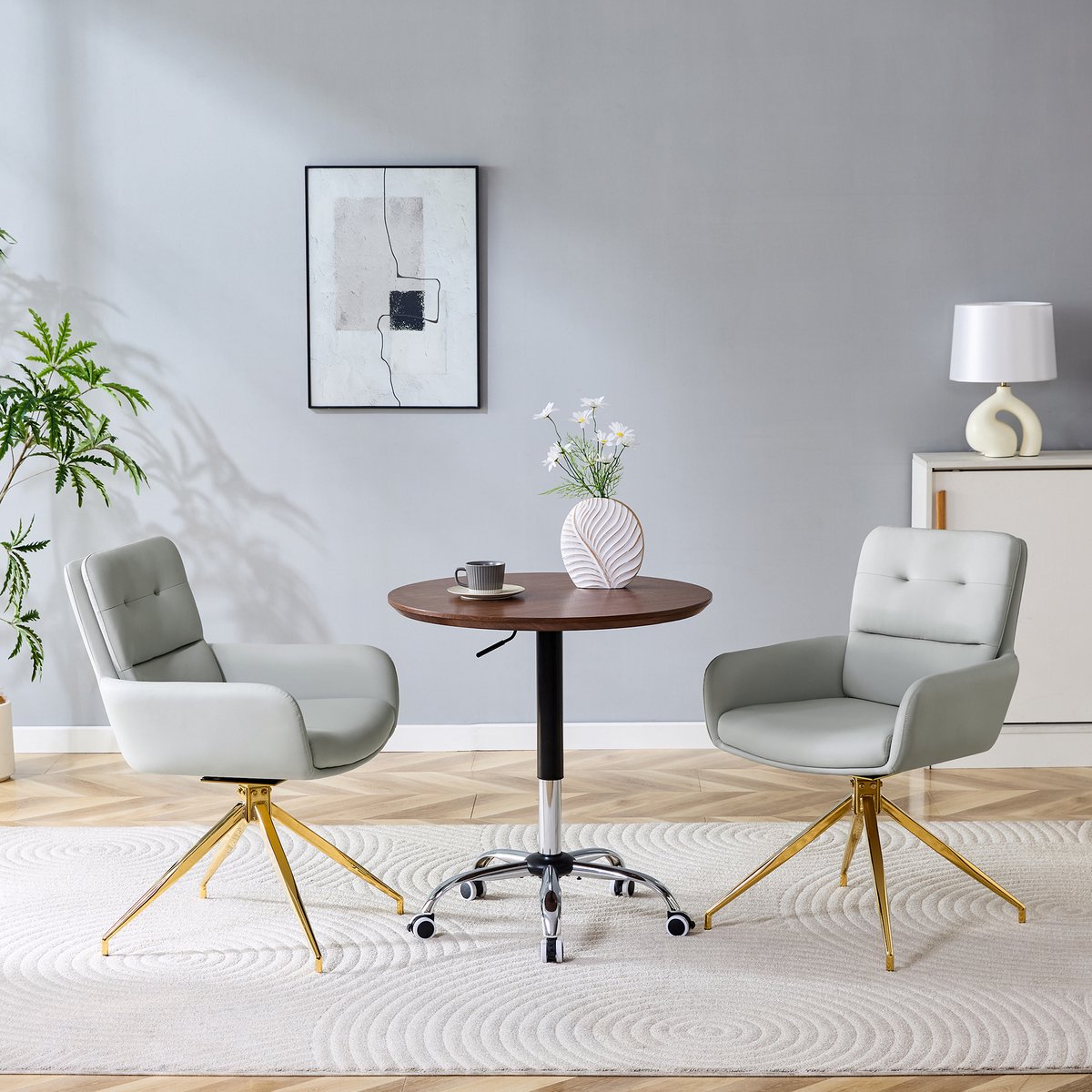 MODFU Eetkamerstoelen Set Van 2 - Draaibaar - Scandinavische Stijl - Eetkamer Of Zithoek - Metaal En Imitatieleer - Goud En Lichtgrijs Goud, lichtgrijs