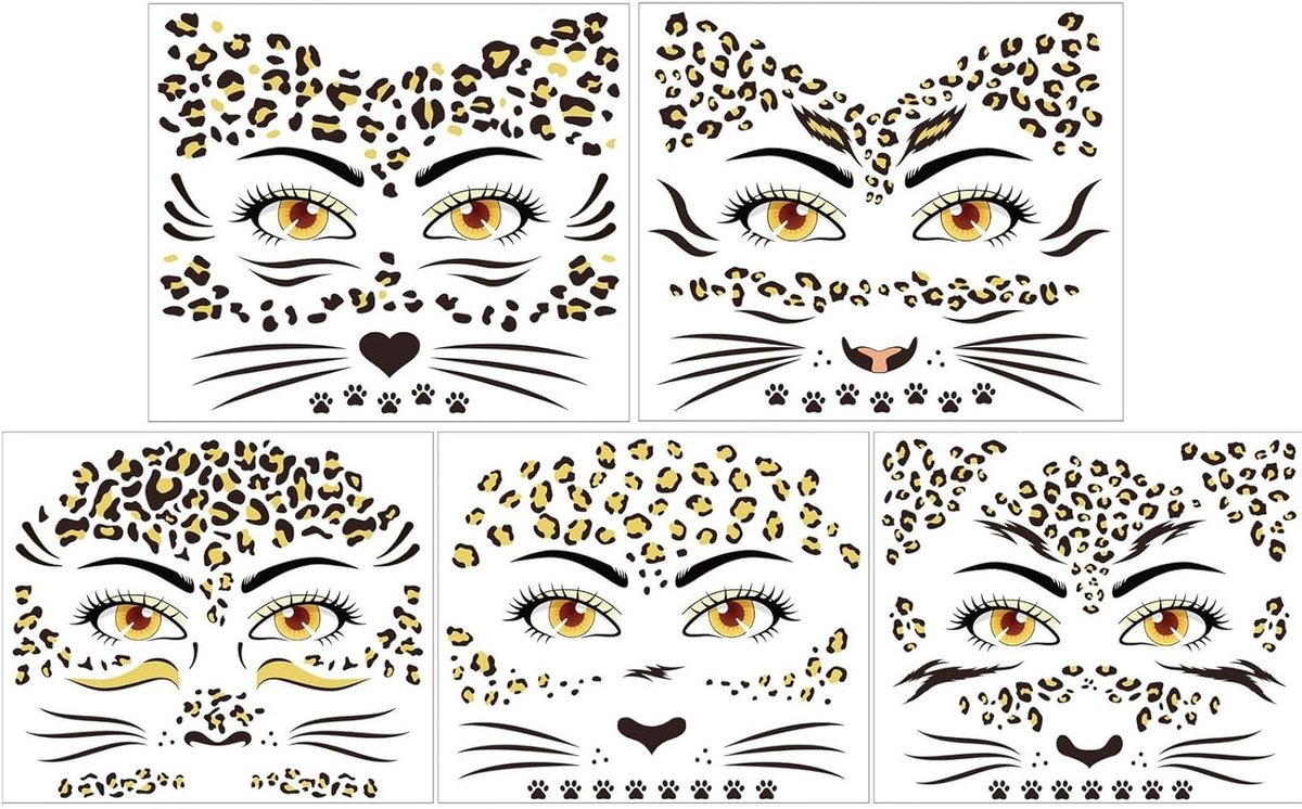 Leopard Gezichts Tattoos Stickers voor Carnaval en Halloween, 5 Stuks Make-up Stickers voor Feestkostuums en Theatrale Optredens