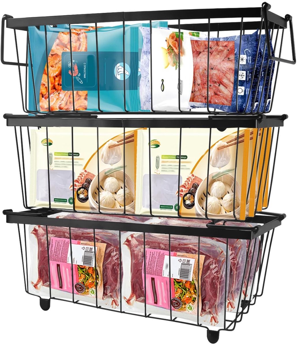 VLEMICO - Opbergmanden - Vriezer Organizer - Ruimtebesparend en stapelbaar - Zwart - Met handgrepen - Voor vrieskasten - 3 stuks
