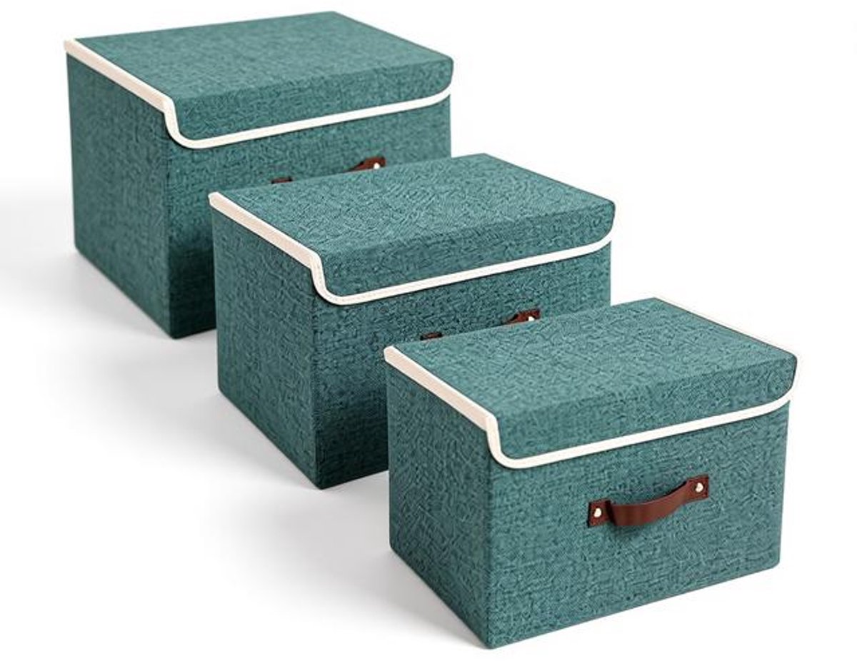 ElleMooi Opvouwbare Opbergdoos met Deksel, Stof, Afwasbaar, 38x25x25 cm, Set van 3, Aqua Deep