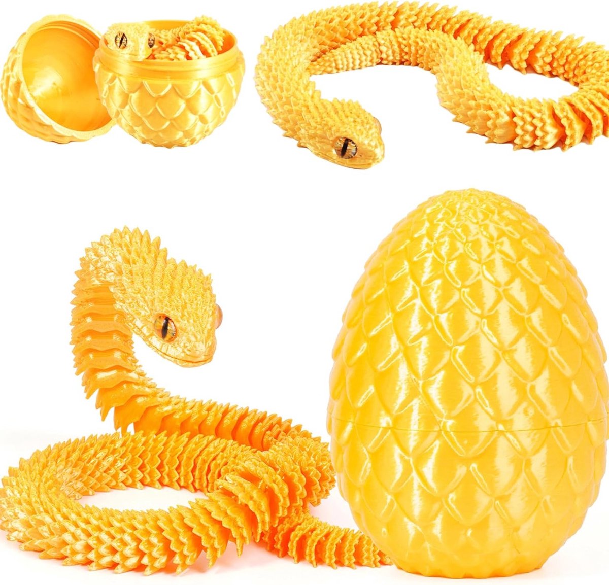 3D Geprinte Slang Speelgoed voor Pasen - Draak Eieren en Dieren Speelgoed voor Kinderen, Perfect als Cadeau en Voor Thuisdecoratie (Goud)