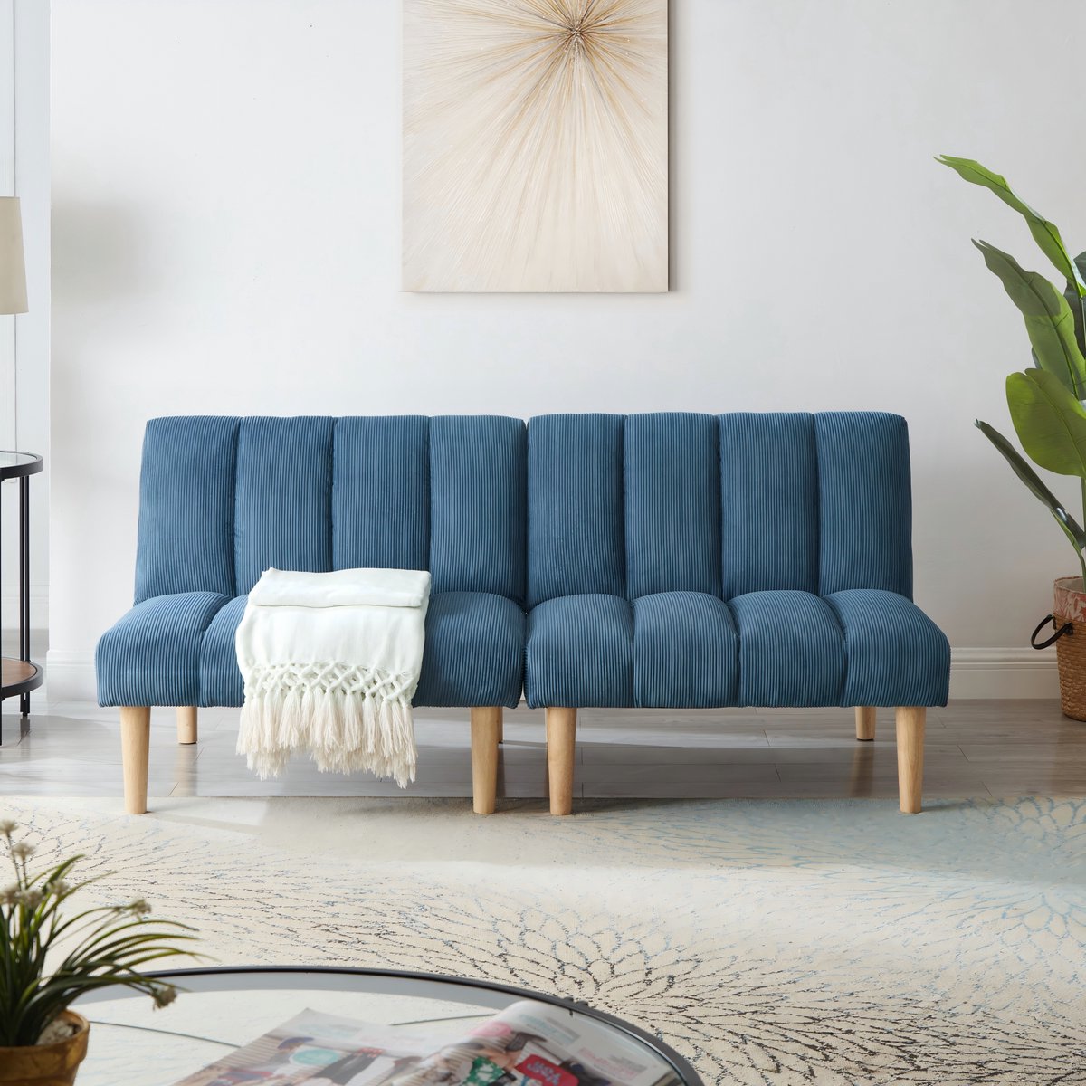 HAUSS SPOLE Slaapbank - 2-Zits Opklapbare Bank - Met 3-Voudig Verstelbare Rugleuning - Voor Woonkamer En Logeerkamer - Corduroy Blauw