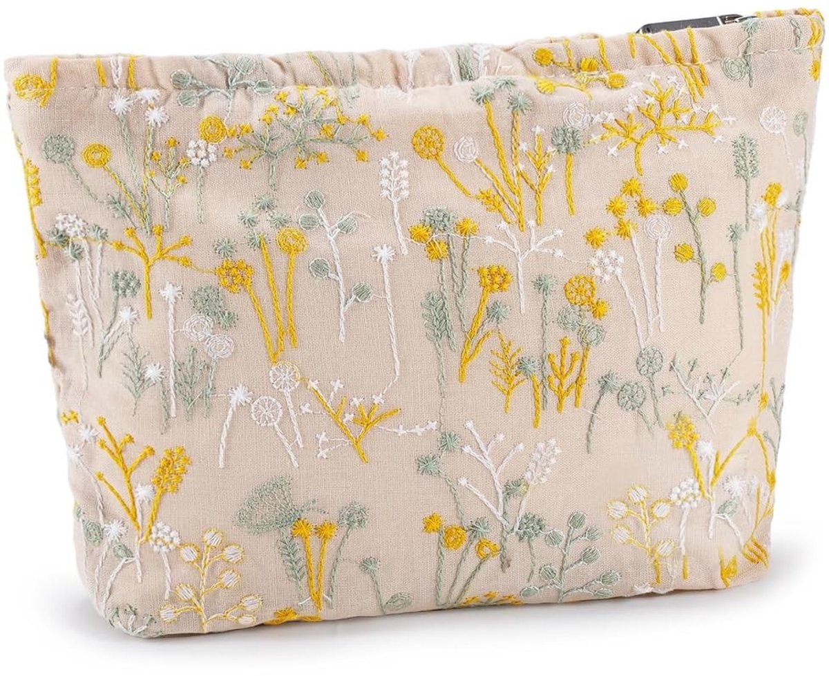Dailygoods- Cosmetische Tas - Draagbare Toilettas - Canvas Etui - Make-up Organizer - 25 x 18 x 5 cm - Elegante Print met Borduurwerk
