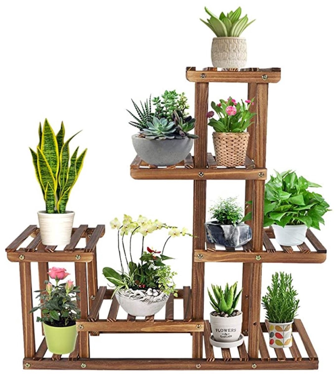 Dailygoods- Bloemenstandaard 6 Niveaus - Opvouwbaar Plantenrek - Houten Plantensteun - Verstelbare Plantenrek Buiten - Verplaatsbaar Plantenrek - 72 x 72 x 20 cm