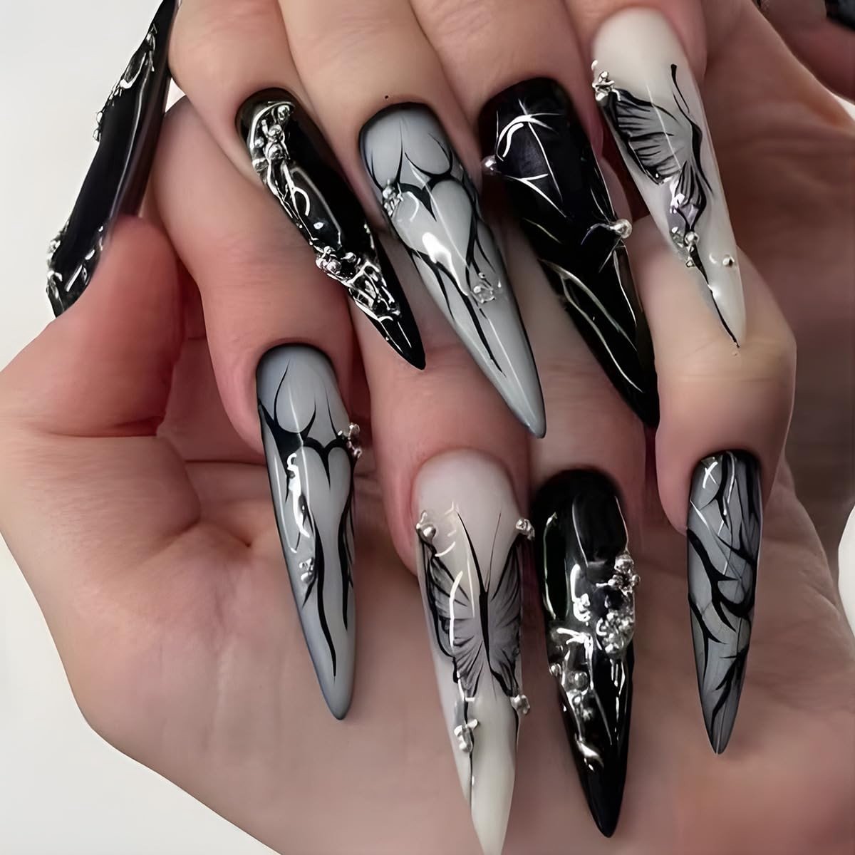 Dailygoods- Kunstnagels Stiletto - 24 Stuks - Goth-Design - Zwart met Motieven - Inclusief Nagellijm - Ideaal voor Halloween - Nepnagels
