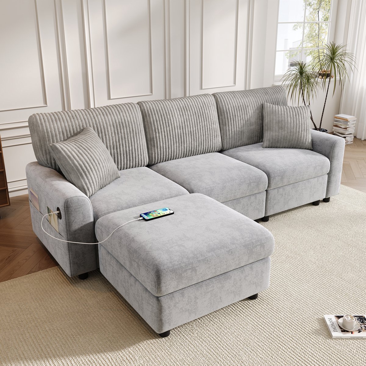 MIVRAY Hoekbank 223x146 Cm - Met Voetenbank En Usb Oplaadfunctie - Voor Woonkamer En Lounge - Chenille En Ribstof Grijs