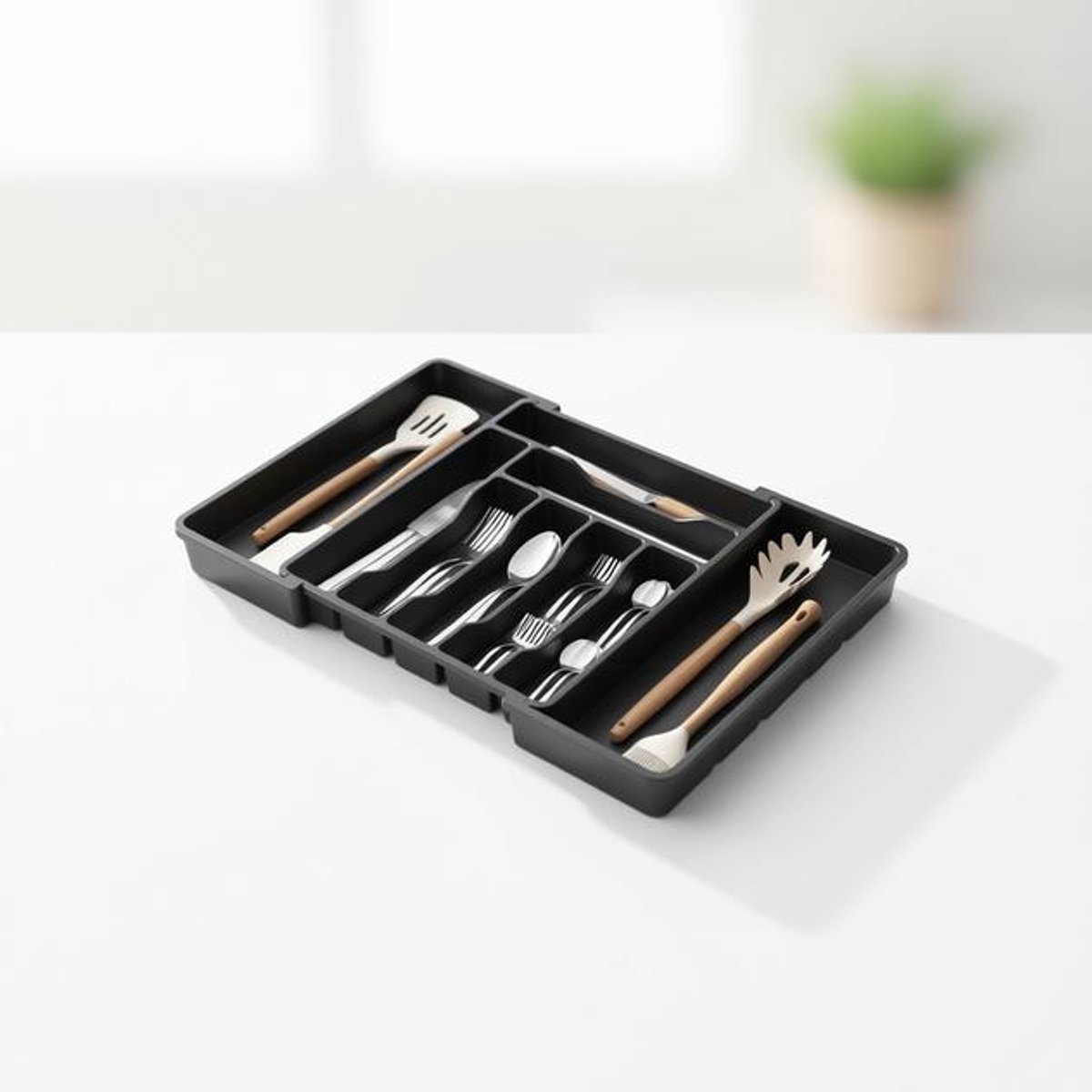 ElleMooi Uitbreidbare Bestek Lade Organisator - XL - Zwart - Verstelbare Bestekbak voor Keukenlade - 7/9 Compartimenten voor Bestek, Vorken, Messen en Keukengerei