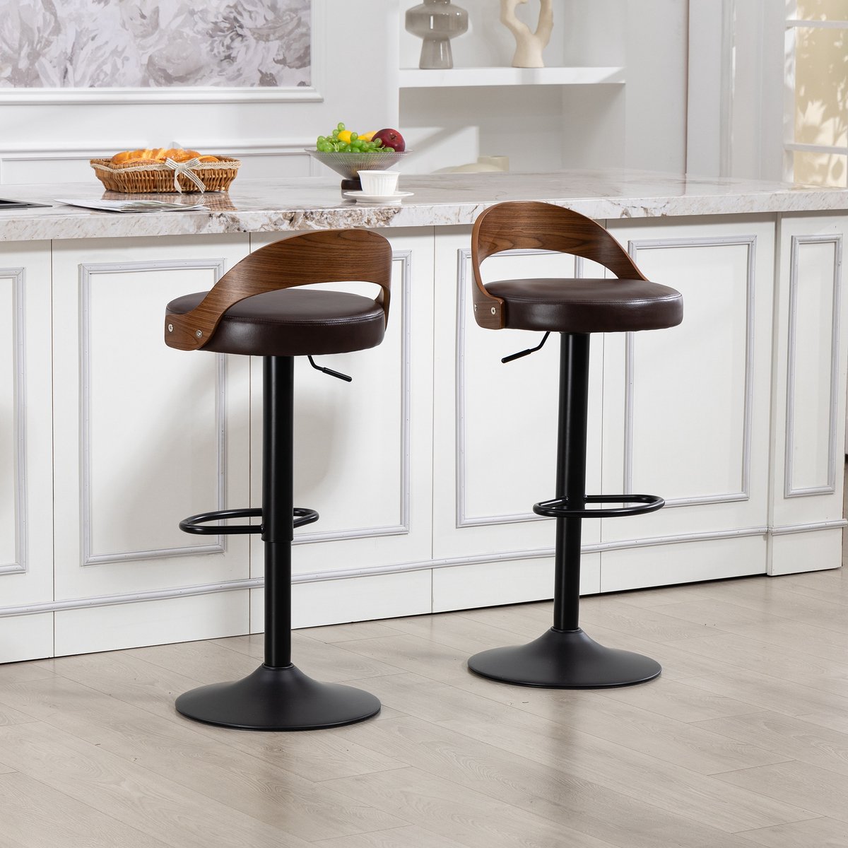 REDOM Barkrukken Set Van 2 - 360° Draaibaar en In Hoogte Verstelbaar - Modern - Metaal en PU - Bruin - 42,5 × 42 × 77-98 cm
