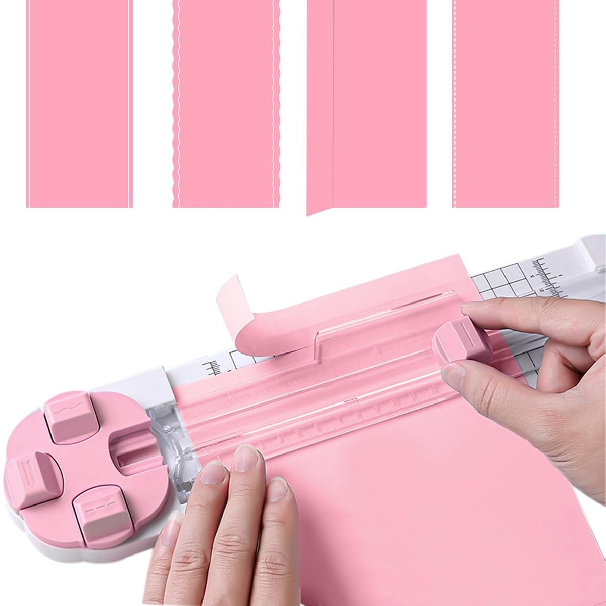 SOUQONE- Papiersnijder 4-in-1 - Fotosnijder - Snijmachine voor knutselpapier - Geperforeerd/golvend/rechthoekig mes - Meetlijn tot 90 graden - Roze