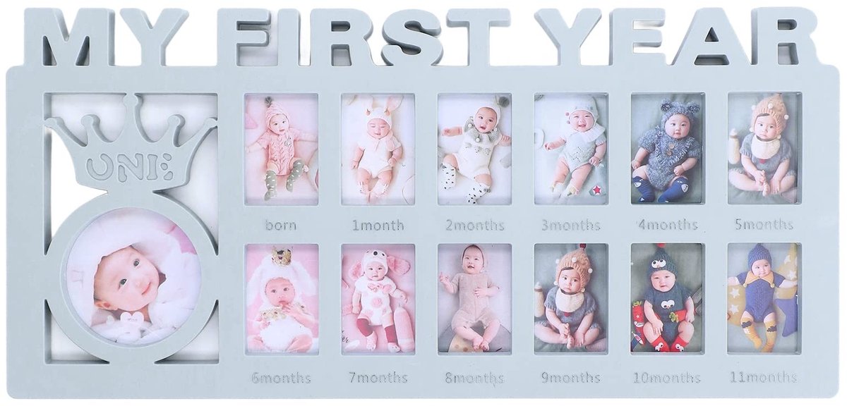Dailygoods- Fotolijst Baby - 12 Maanden Fotomomenten - Aandenken - Kunststof - 39 x 18,5 x 1,5 cm - Decoratie - Perfect Cadeau - Herinneringslijst