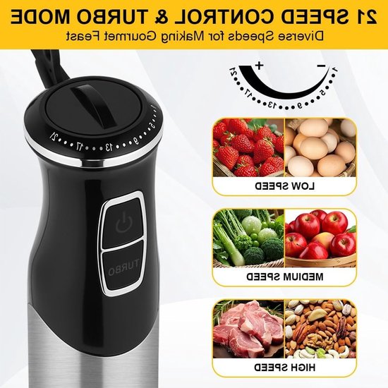 Krachtige Hand Blender met 1000 W, 21 Instelbare Snelheden en Turbo Modus voor Babyvoeding, Soepen, Sauzen en Smoothies, Roestvrijstalen Puree Bak — afbeelding 2