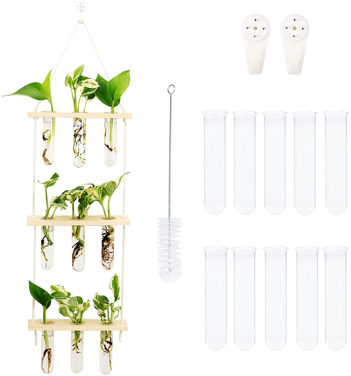Dailygoods- Plantenbak met Houten Standaard - 3 Verdiepingen - Reageerbuisvaas voor Hydrocultuur - Decoratie voor Binnen - Afmetingen 20 x 70 cm - Inclusief Reinigingsborstel - Bloemenvase