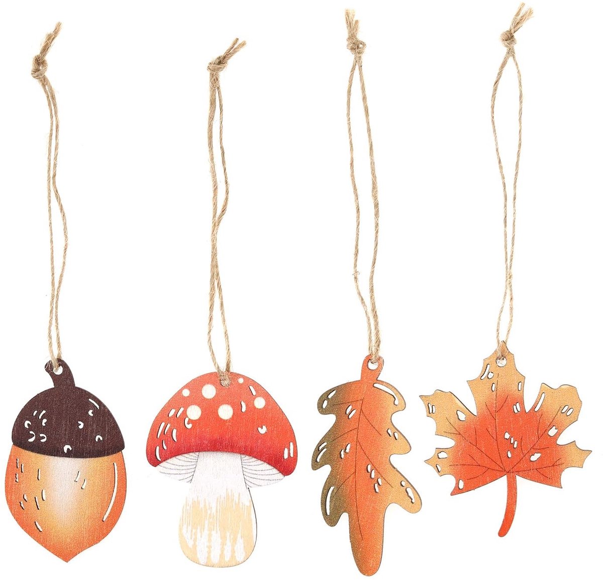 Dailygoods- Herfstdecoraties 24 Stuks - Houten Ornamenten - Esdoornbladeren/Acorn/Paddestoel/Boombladeren - Lichtgewicht/Onbreekbaar - Inclusief Henneptouw - Herfstversiering