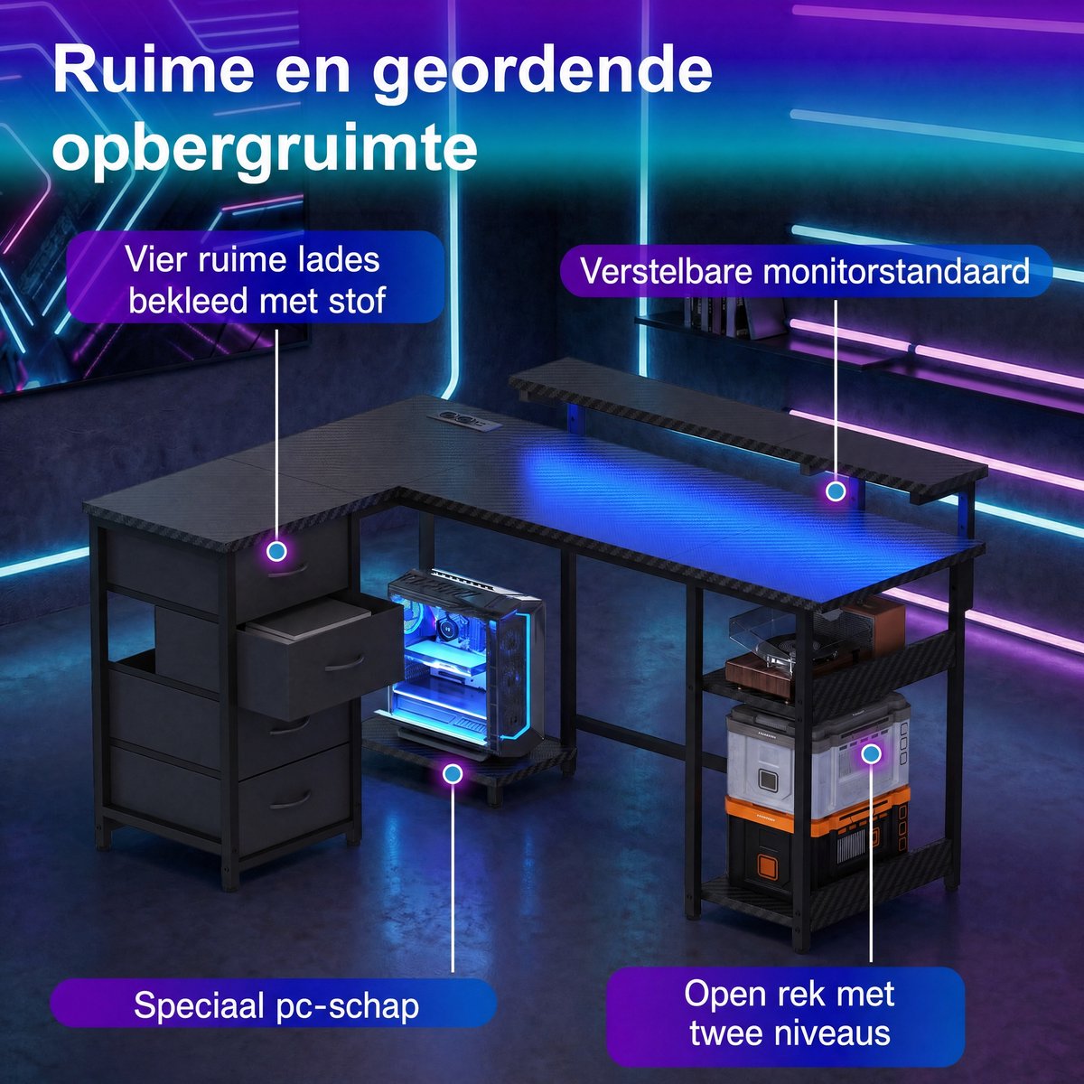 Devoko L-Vormig Gaming Bureau 155 x 50/40 x 73.5/88.5 cm – Met RGB LED-Lichtstrook – 12 mm E1 Spaanplaat – Koolstofvezel Zwart – Inclusief EU Stekkerdoos met 2 USB – Zwart