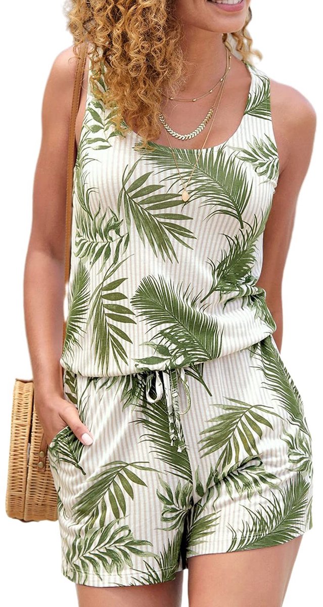 Dailygoods- Jumpsuit Dames - Ademend Polyester - Groene Kokosnootboomprint - Geschikt voor Strand/Zomerfeest - Comfortabel en Huidvriendelijk - Controleer Maattabel - Playsuit