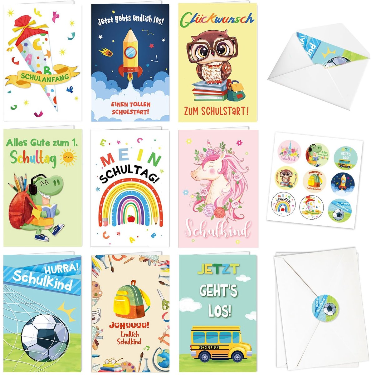 Dailygoods- Wenskaarten 9 Stuks - Inschrijvingskaarten - Eerste Schooldag - Voetbal/Eenhoorn - Schoolkinderen - Schooljaar - Kaarten