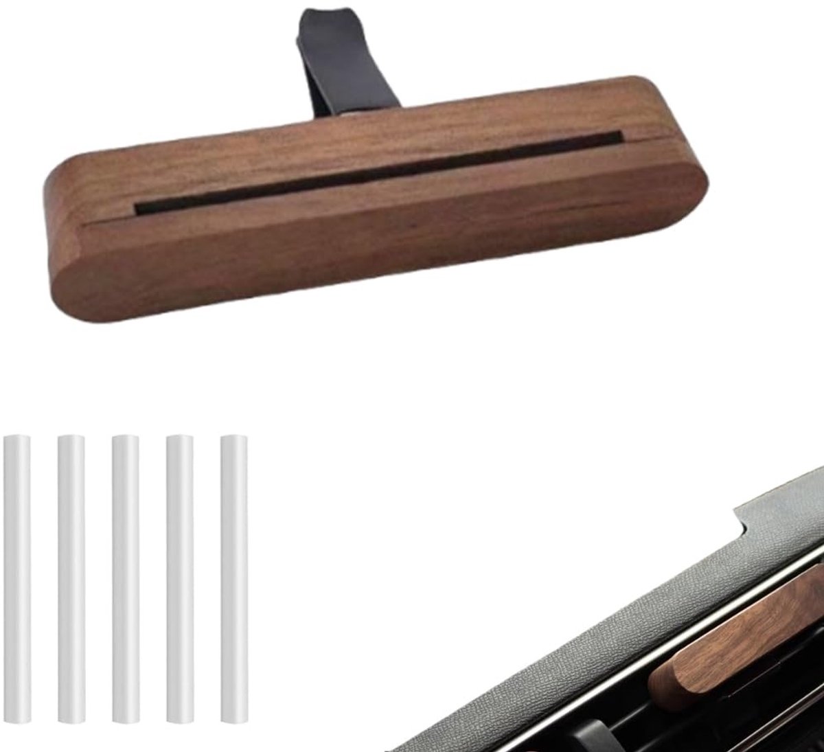 Dailygoods- Diffuser voor Etherische Oliën - Luchtverfrisser Auto - Houten Design - 5 Navulverpakkingen - Aangename Geurervaring - Compacte Afmetingen