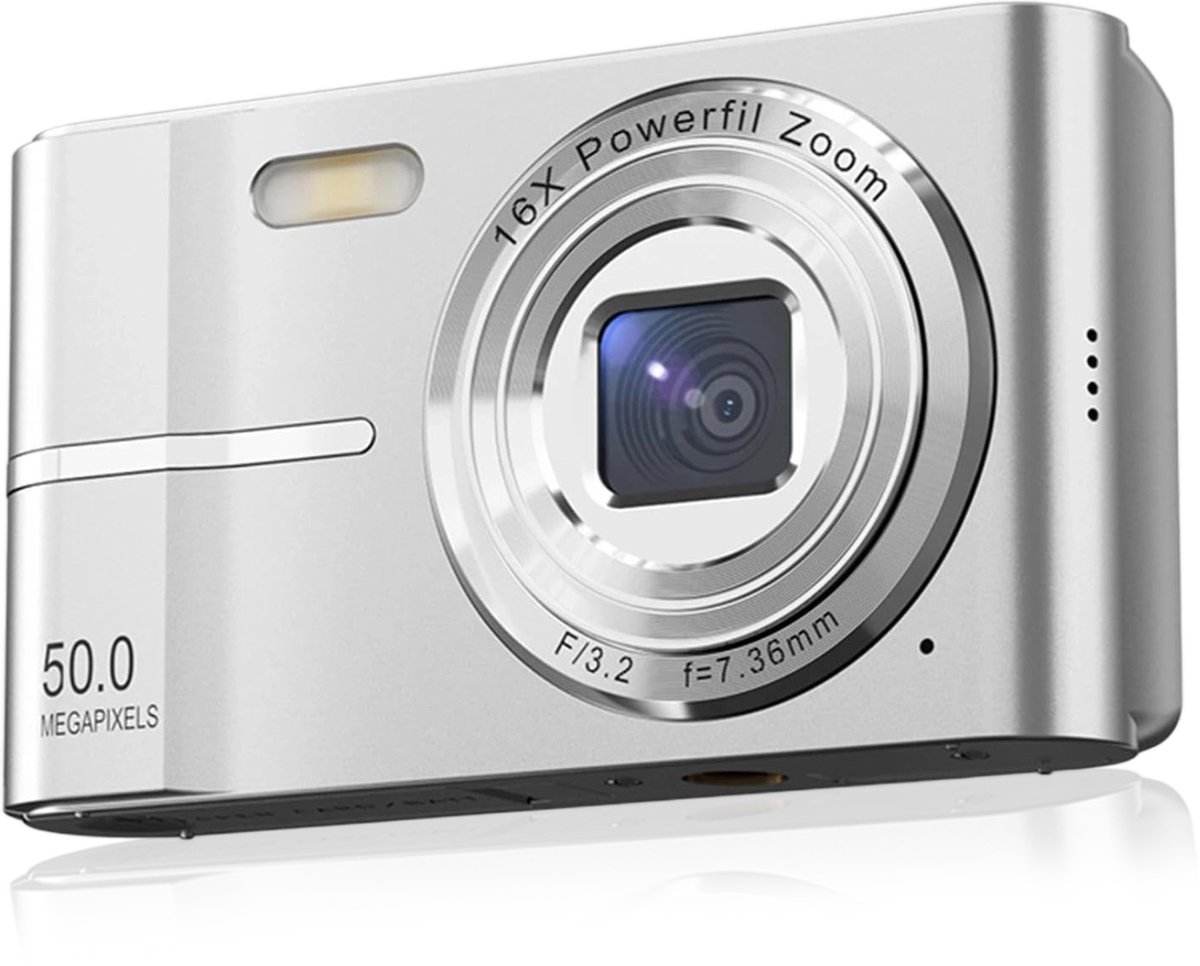 carmdering - Digitale camera - Videocamera - Fotocamera - Compacte kleine camera - 50MP, FHD 1080P, 16x zoom, AF - 2,4 inch scherm, Type-C - Ondersteunt 32GB SD - Zilver - Perfect voor beginners