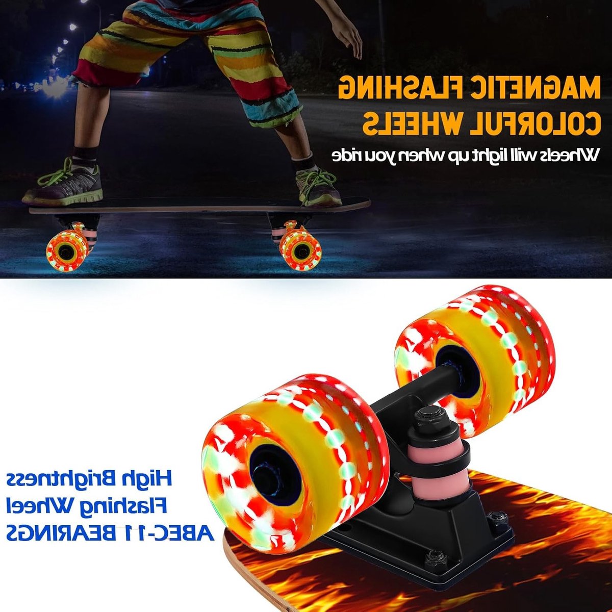 Kleurrijk Skateboard met Flitsende Wielen voor Beginners en Kinderen, 9-laags Canadese Esdoorn, Geschikt voor Jongeren en Volwassenen, Compleet en Duurzaam