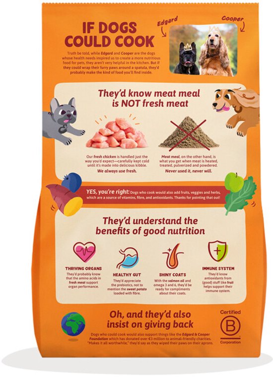 Oranje zak met tekeningen van honden, ingrediënten en uitleg over voeding. Tekst: 'If dogs could cook'.