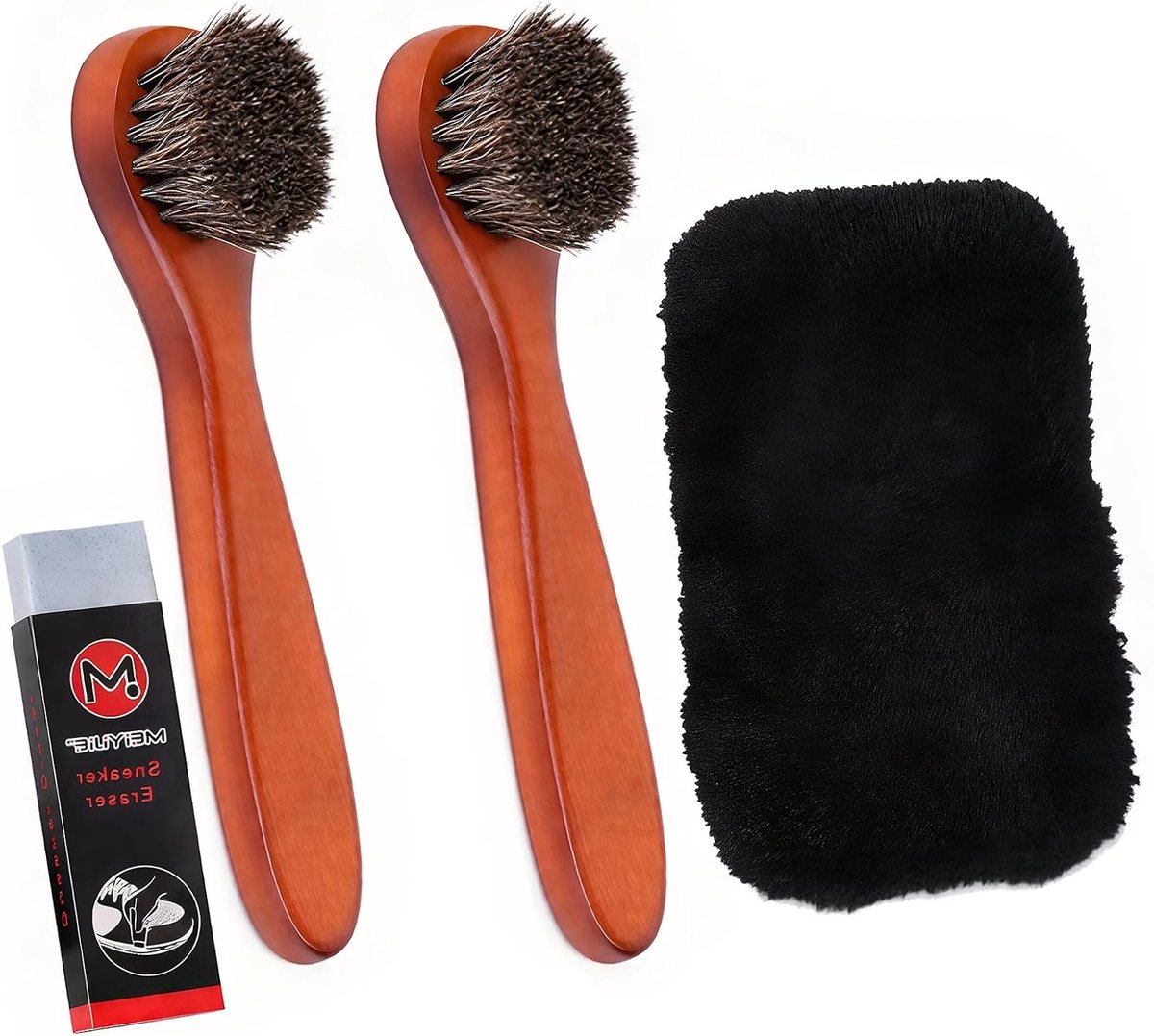 Premium Set van 2 Paardenhaar Borstels met Gum en Zachte Polijsthandschoen voor Leer, Suède, Schoenen en Tassen