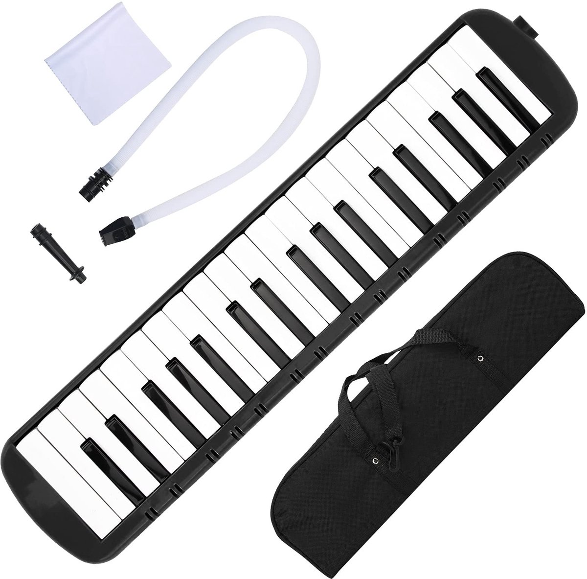 Jhubersproducts - Melodica-windtoetsenbord - Muziekinstrument voor Beginners - Draagbare Blaaspijpkit - Zwart - 37 Toetsen - Geschikt voor Kinderen en