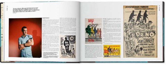 Pagina uit 'The James Bond Archives' met Sean Connery in een blauw hemd en posterontwerpen voor 'Dr. No'.