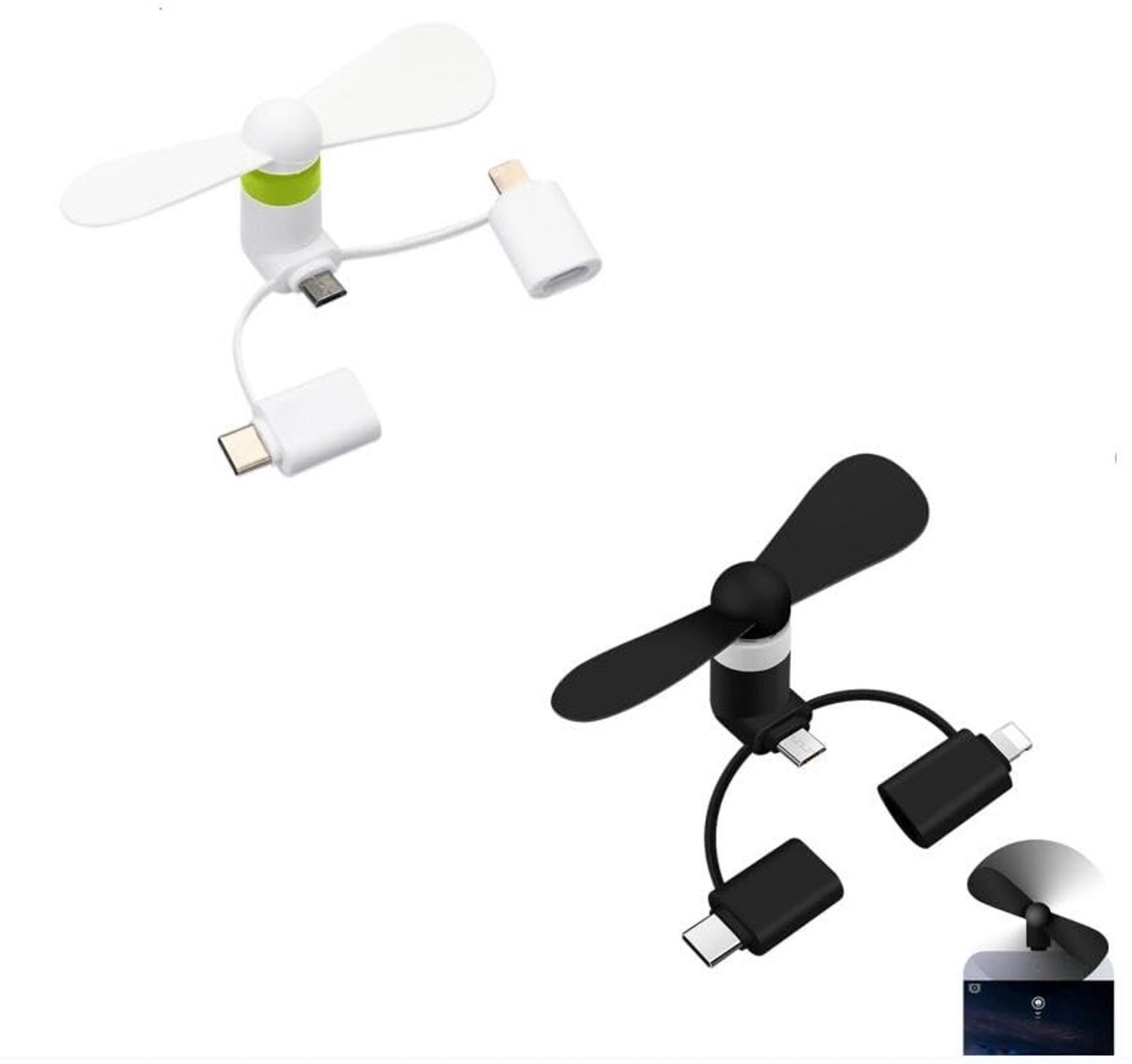 Vlemico - Mobiel Draagbare Telefoonventilator - 3-in-1 Koeler - Zwart/Wit - Mini Ventilator - Geschikt voor Binnen en Buiten - USB-voeding