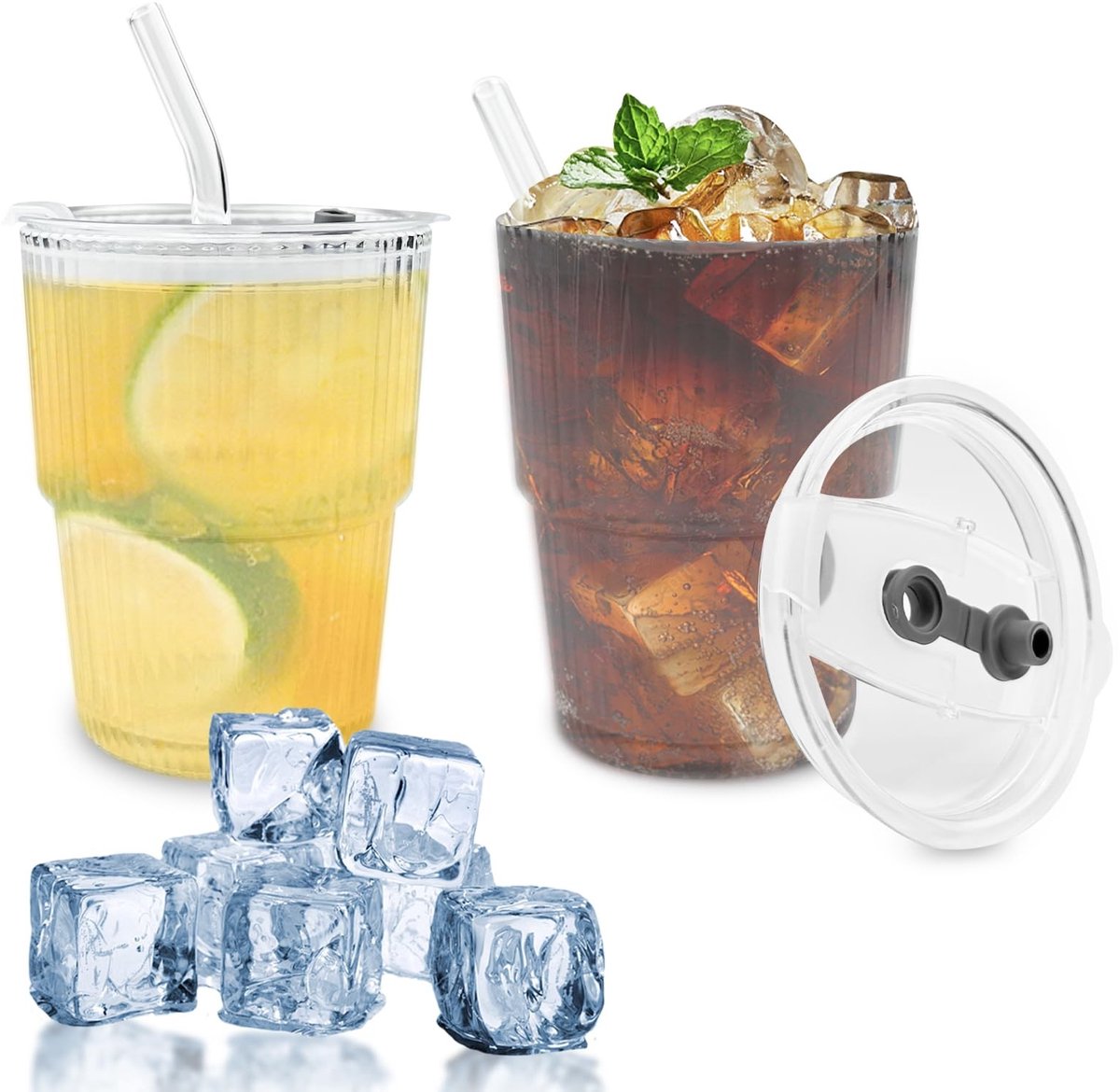 Elzusha - Koffiekopjes - Glas - Luchtdicht en waterdicht - Transparant - Met deksel en rietje - Voor latte macchiato en whisky - 400 ml