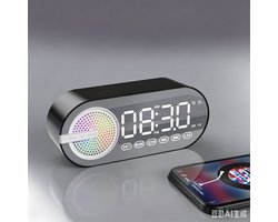 4-in-1 draadloze Bluetooth luidspreker wekker – Draagbare Bluetooth speaker, digitale klok, FM-radio, spiegelscherm, USB-opladen, RGB-verlichting – Geschikt voor thuis, buiten, kantoor & reizen – Zwart