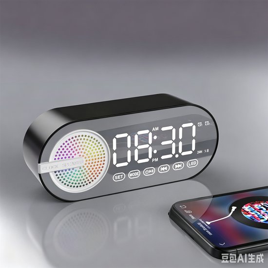 Bluetooth speaker met wekker, FM-radio, RGB-verlichting, draagbaar, spiegelscherm, USB-oplaadbaar, zwart