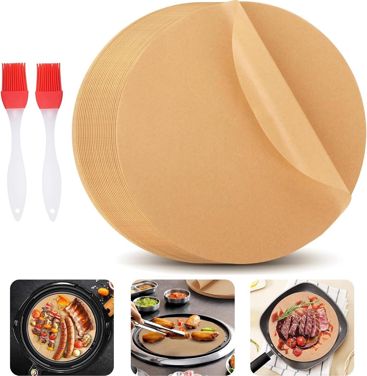 Rond Bakpapier van 30 cm - 100 Vellen, Inclusief 2 Bakborstels, Geschikt voor Oven, Airfryer en Grill, Ideaal voor Pizza en Taarten